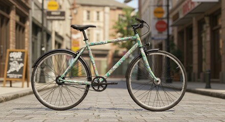 Fototapeta premium Bicycle parked on cobblestone street in European city with colorful frame design for urban lifestyle and sustainable transportation
