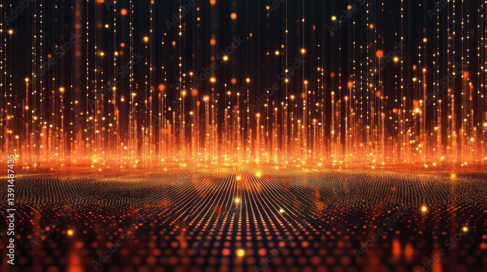 Poster golden glowing particles rise like digital data streams on a dark background. it's perfect for techn