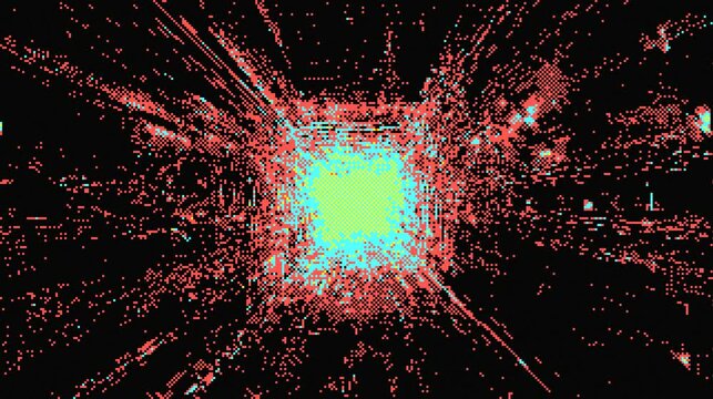 Abstract display Light blue & red dots explode from a glowing center. Dark background
