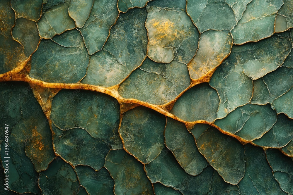 Poster Abstract background with green and gold patterns resembling cracked stone or geodes with an organic feel.
