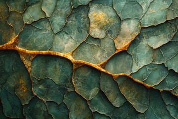 Abstract background with green and gold patterns resembling cracked stone or geodes with an organic feel.