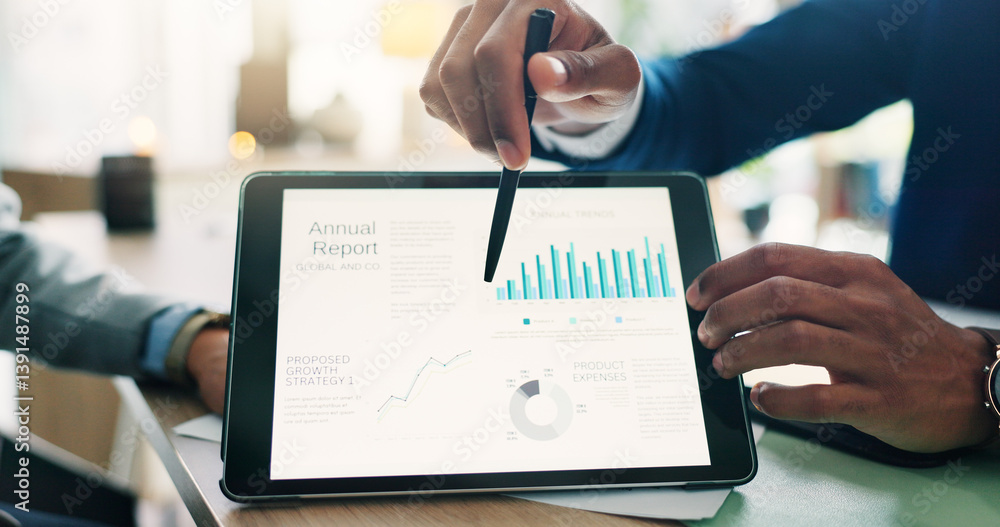 Poster business person, hands and tablet screen with statistics for company performance or revenue at offic