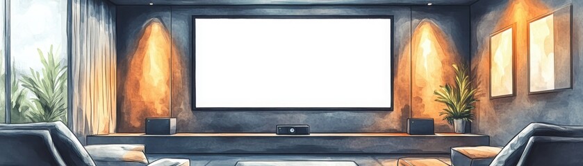 A modern home theater setup featuring a large blank screen, stylish seating, and ambient lighting, creating a cozy viewing atmosphere.