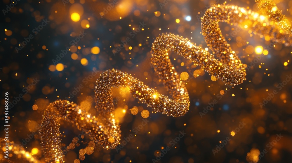 Poster golden sparkling helix with bokeh lights on a dark blurred background. use this for science, technol