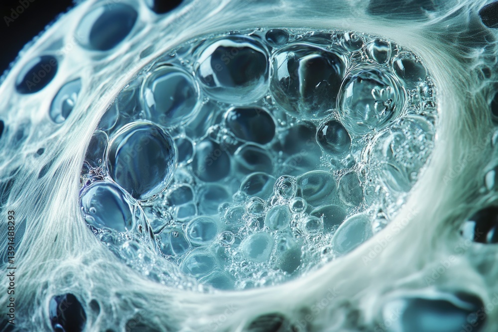 Poster Abstract close-up of transparent blue bubbles and filaments, creating a textured and organic-looking composition.