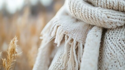 Close-up of a cozy cream-colored knitted scarf and sweater outdoors.