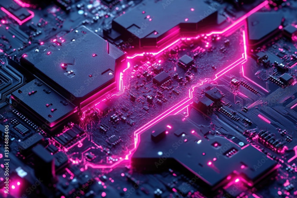 Leinwandbilder A detailed view of a computer circuit board with vibrant pink lighting highlighting its complex components and intricate connections.
