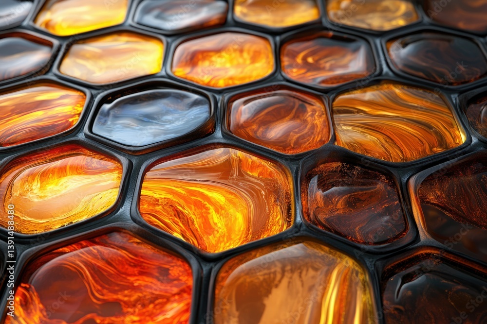 Poster close-up of vibrant amber and orange-toned hexagon tiles with a glossy finish, creating a modern art