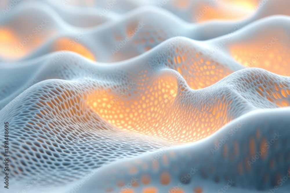 Poster an abstract illustration of a textured, white undulating surface with glowing orange light shining t