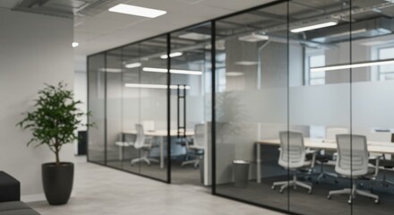 Fototapeta premium Blurred view of modern office space with glass walls and a potted plant near the entrance