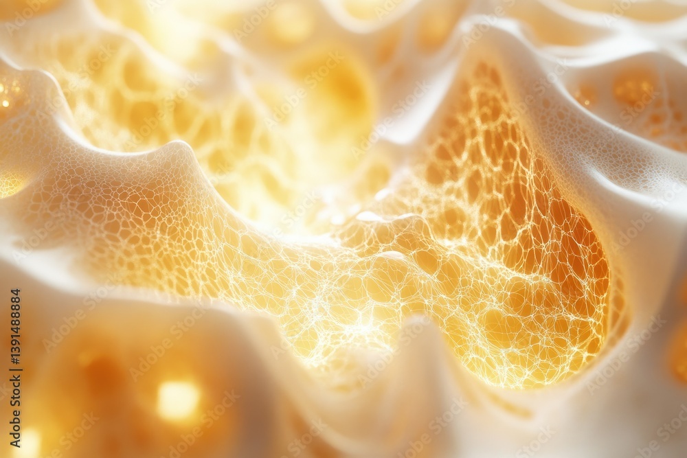 Poster Abstract close-up shows delicate, textured, golden substance with an intricate web-like pattern and smooth, white accents.