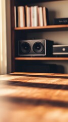 Fototapeta premium Sound of Serenity: A close-up shot of a high-fidelity speaker resting against a backdrop of books in a cozy, sun-drenched room, creating an ambiance of tranquil comfort.