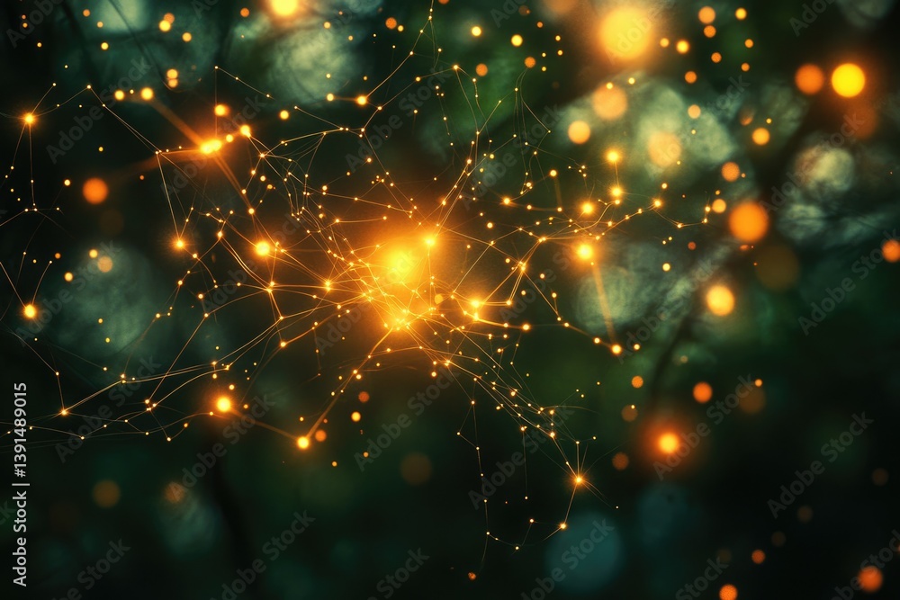 Poster Abstract network of glowing connections and bokeh lights, suggesting technology, communication, or a neural network in a dark background.
