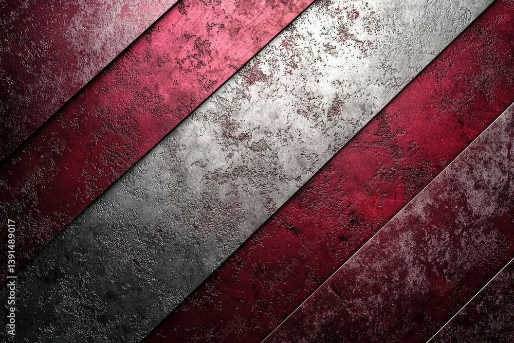 Poster abstract background with diagonal stripes of red and silver textured metal.