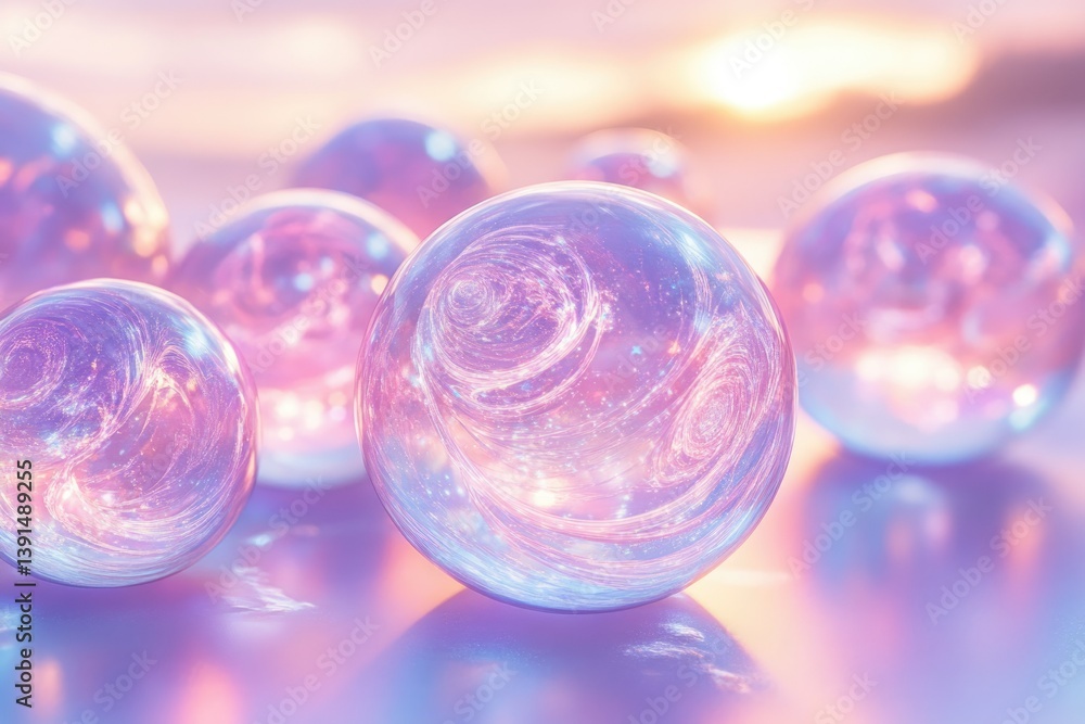 Poster magical crystal balls with swirling galaxy patterns rest on a surface, reflecting a soft, ethereal p
