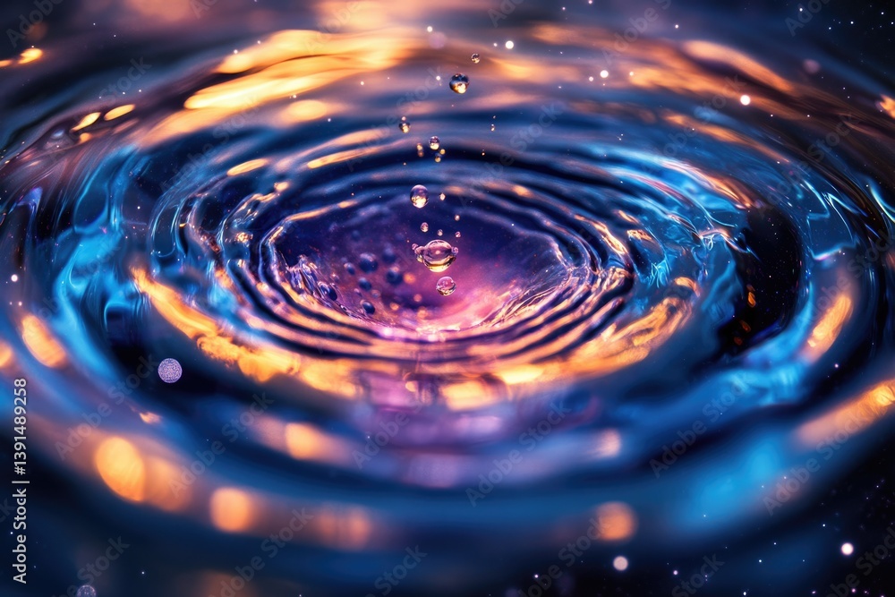 Poster water droplets impact a vibrant pool, creating ripples and splashes with golden and blue light creat