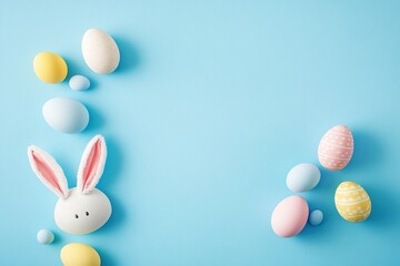 Easter party concept. Top view photo of easter bunny ears white pink blue and yellow eggs on isolated pastel blue background with copyspace in the middle