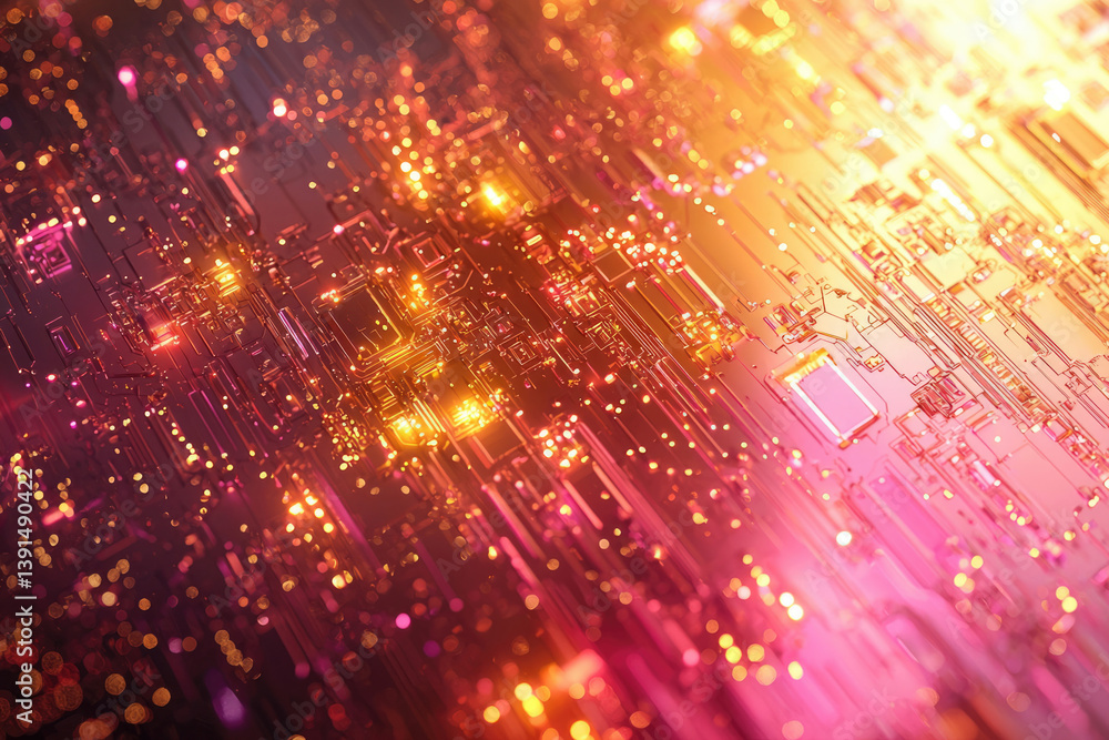 Poster abstract close-up of a glowing circuit board, showcasing intricate circuitry and vibrant colors.