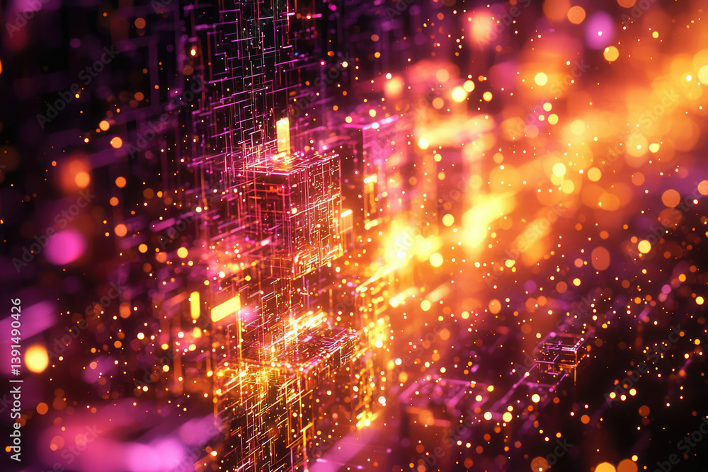 Poster Abstract digital art depicting glowing interconnected cubes and particles, representing data flow and technology.