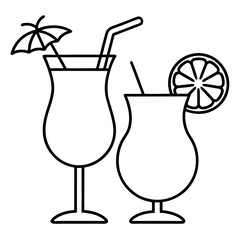 Tropical fruit cocktails with garnish line art vector illustration 