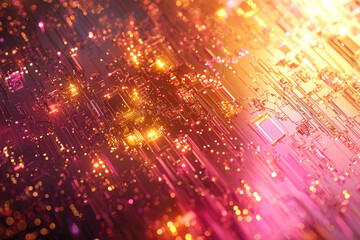 Obraz premium Abstract close-up of a glowing circuit board, showcasing intricate circuitry and vibrant colors.