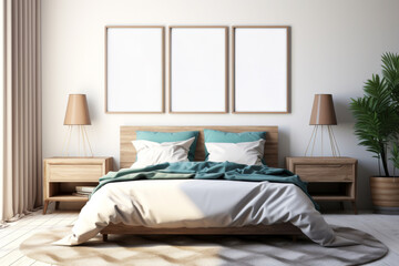 Serene Bedroom Ambiance: A stylish bedroom interior bathed in natural light, offering a sense of tranquility, warmth and comfort. It's a perfect space for rest, relaxation, and peaceful moments. 