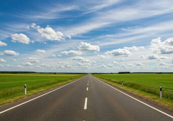 A long road stretching into the distance under a bright blue sky with fluffy white clouds above it