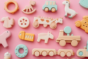 Obraz premium Wooden Toy Vehicle Collection on Pink Background for Playtime