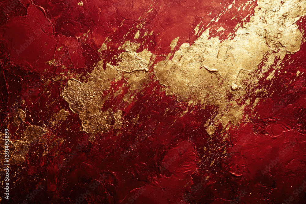 Poster Abstract art featuring a textured red background splashed with gold paint, creating a luxurious and dramatic effect.