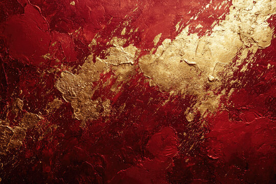 Abstract art featuring a textured red background splashed with gold paint, creating a luxurious and dramatic effect.