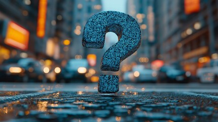 A blue mosaic question mark rests on a reflective city street surrounded by lights and traffic