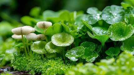 Delicate white mushrooms amidst wet green leaves