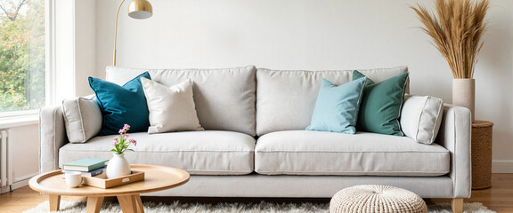 Cozy grey sofa with colorful pillows in sunlit living room, comfort design