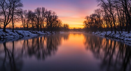 Fototapeta premium Serene winter sunrise reflects peacefully on still river. AI Generated