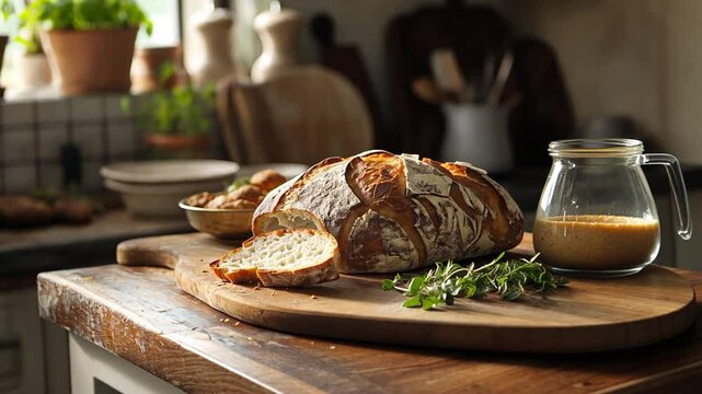A rustic kitchen scene featuring a loaf of bread, herbs, and ingredients on a wooden table.