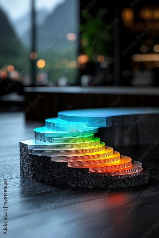 Poster stairway to innovation: a modern and artistic vision, this image portrays a colorful staircase illum
