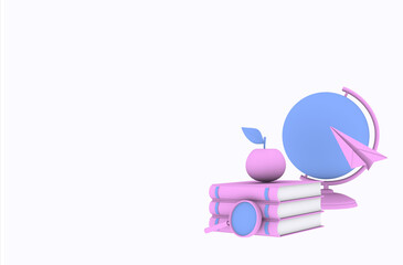 Fototapeta premium Globe, apple, paper airplane, books, magnifying glass 3d icons blue pink on white isolated background, education concept
