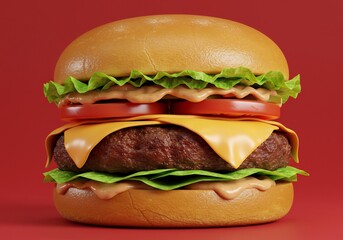 Juicy cheeseburger glows warmly against rich red backdrop. AI Generated