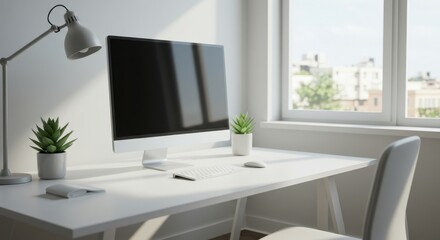A minimalist workspace with a computer, lamp, and plants near a bright window in a bright room