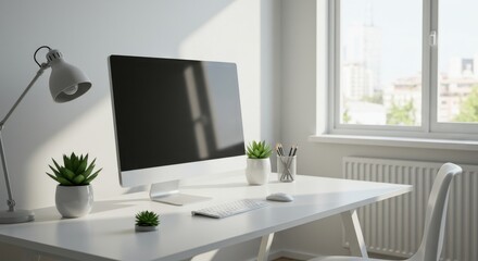A clean white desk setup with computer lamp plants and a window providing natural light indoors