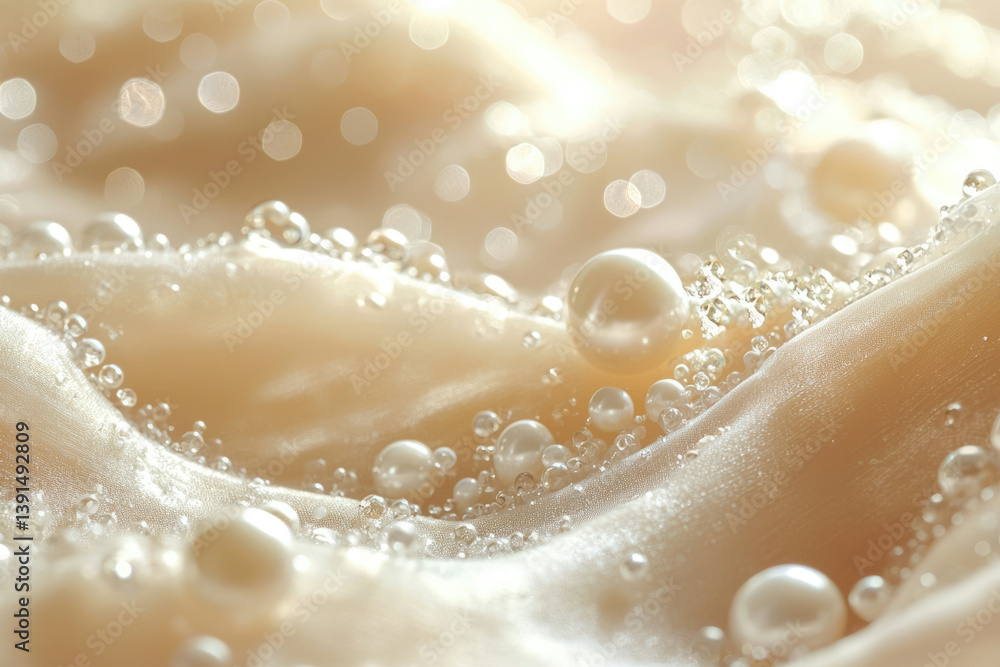 Poster close-up of lustrous beige fabric adorned with pearls and water droplets, creating a luxurious and e