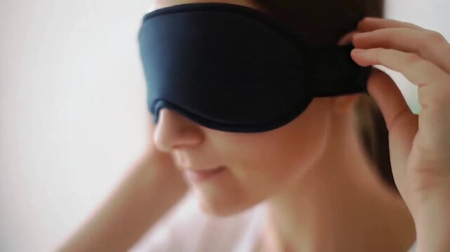 Woman adjusting soft black sleep mask with serene expression in natural light, concept of healthy sleep routine, relaxation, bedtime comfort, insomnia prevention, and peaceful self care ritual for dee