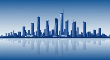 Fototapeta premium A blue cityscape silhouette reflected in water under a light blue sky with various buildings shown
