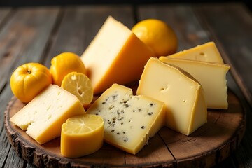Fototapeta premium various types of cheese on a wooden board. Dairy product. Ideal for use in food blogs, restaurant promotions, lifestyle features, or entertaining guides 