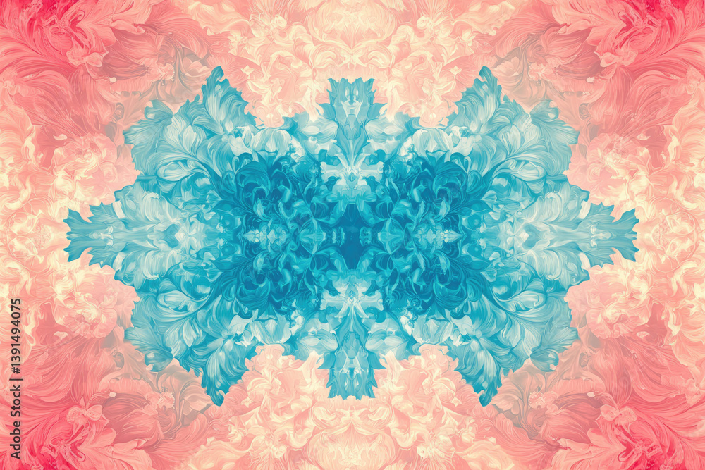 Poster symmetrical teal and peach floral artwork with swirling patterns and a kaleidoscopic design.