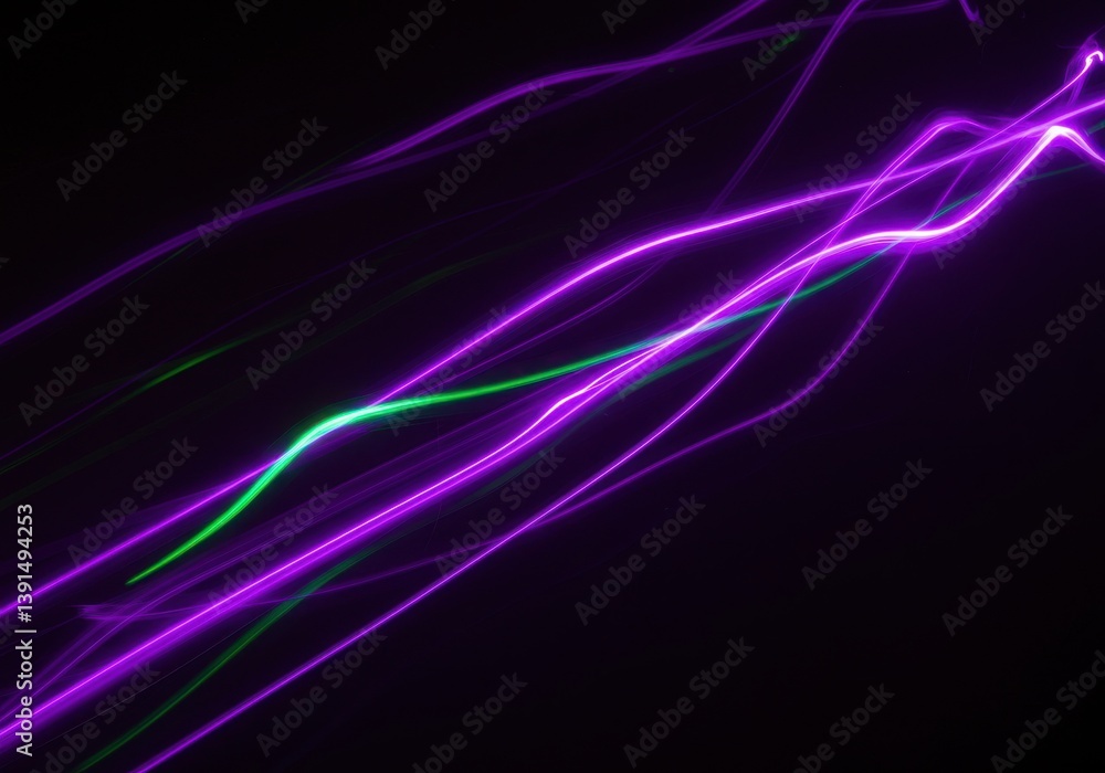Poster abstract image of purple and green light trails on a black background with motion blur effect
