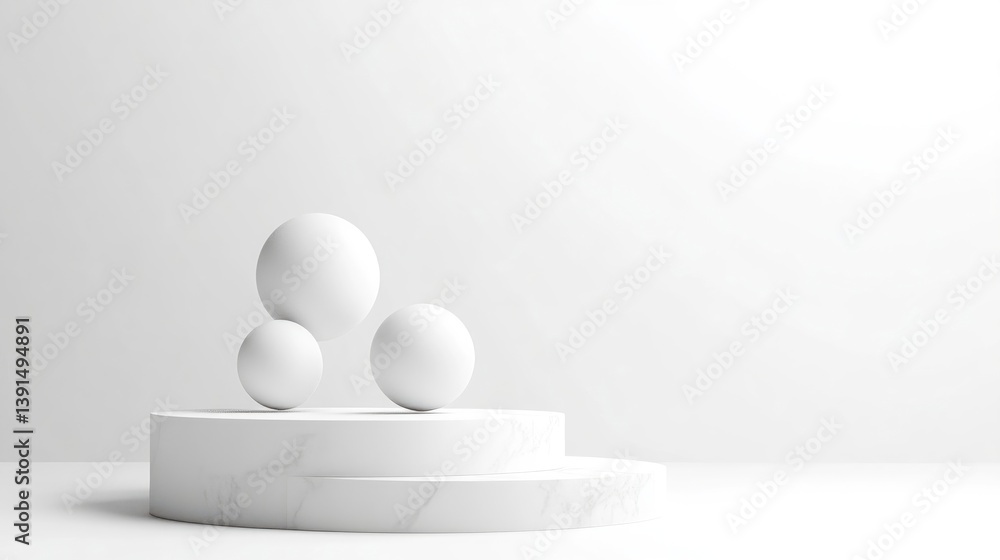 Poster white spheres on marble pedestal minimalist style high-resolution soft lighting centered composition