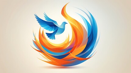 Abstract Geometric Flame and Dove Symbolizing the Holy Spirit in Vibrant Orange and Blue