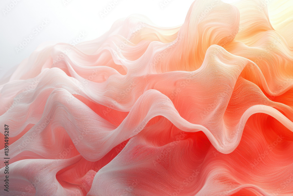 Poster abstract image of flowing, sheer fabric in soft peach and coral shades, creating a dreamy, wave-like