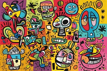 Chaotic Retro Doodle Art with Abstract Cartoon Characters